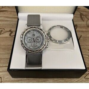 Gossip Gray Dial Bezel Crystal Accent Round Clear Case Gray Canvas Band Watch